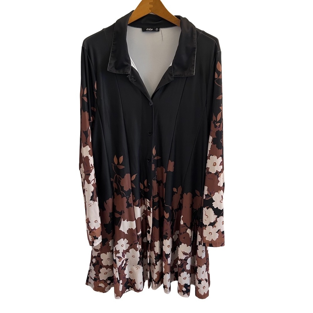 Lily by Firmiana Boho Elegant Button Front Black Floral Midi Dress 1X